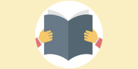 Affichette : dessin d'un livre ouvert (gris-mauve) et deux mains qui le tient comme une personne qui lit.